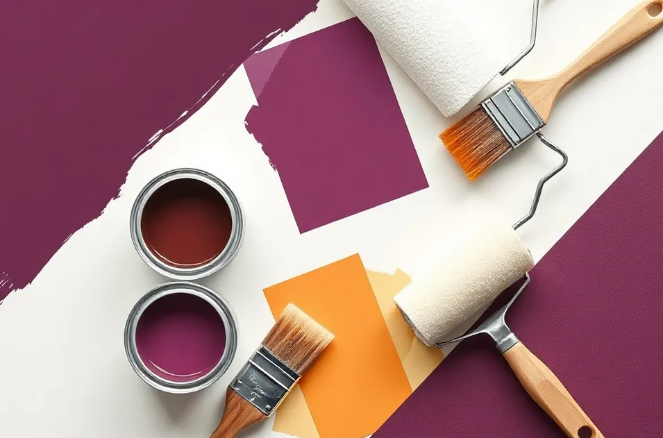 Pots de peinture, nuancier, brosses et rouleaux disposés à plat