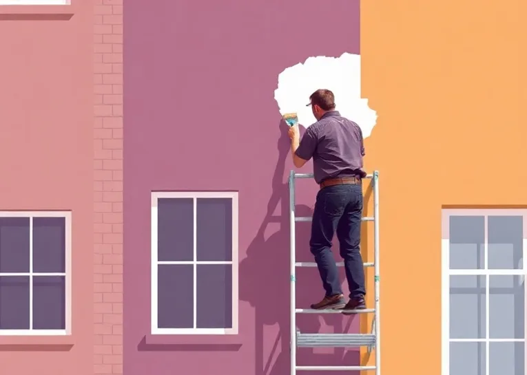 Peintre sur échafaudage traitant la façade d'une maison