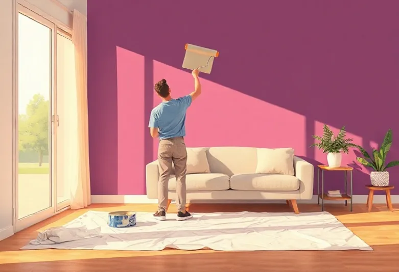 Peintre appliquant la peinture au rouleau sur un mur de salon